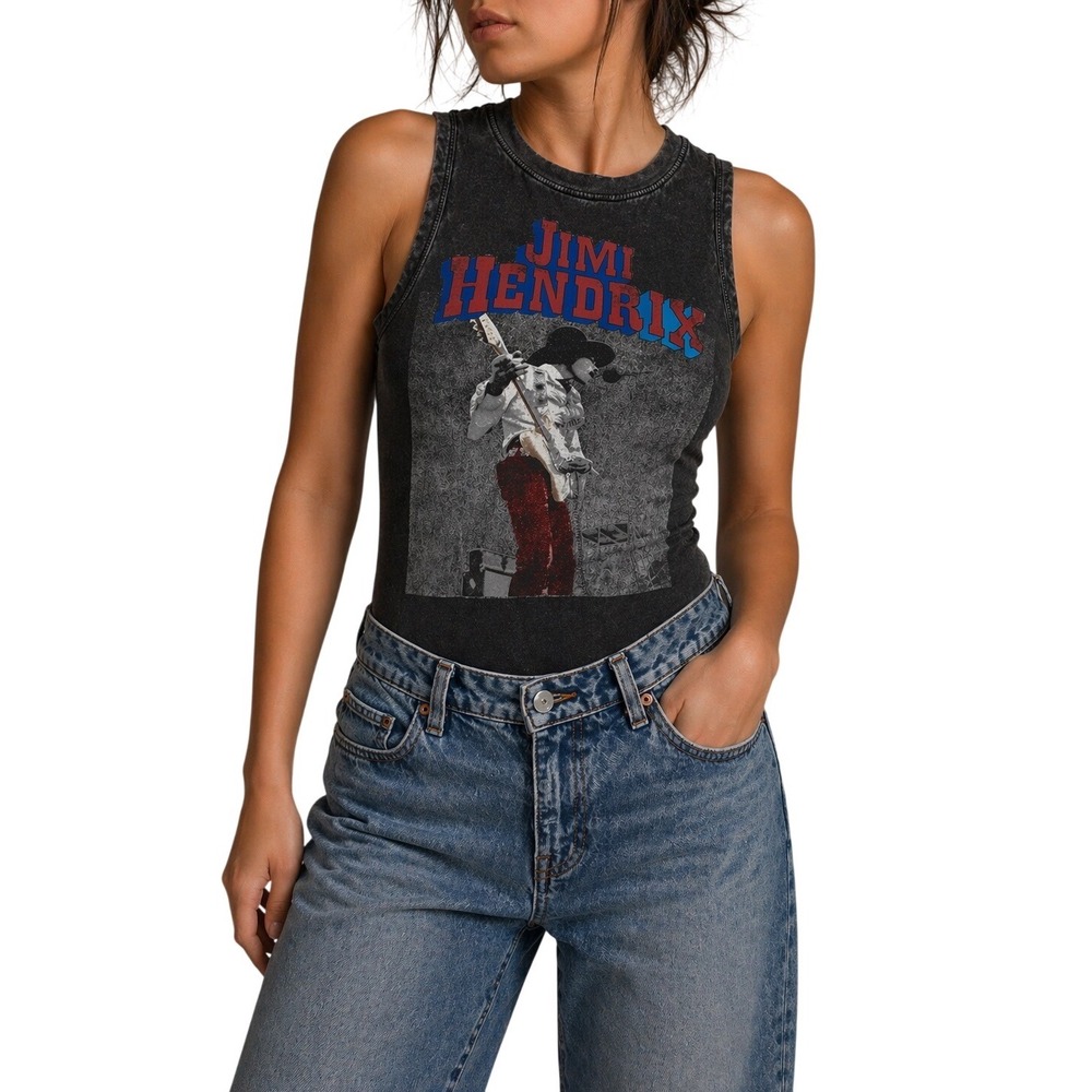 Rockin Artwork Jimi Hendrix Graphic Bodysuit Charcoal Grey  Small